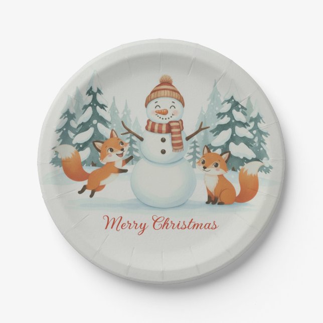 Prato De Papel Cute Foxes and Snowman Merry Christmas (Frente)