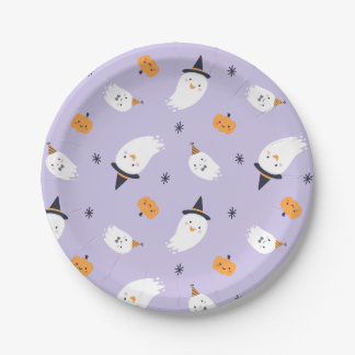 Prato De Papel Cute Ghost Witch Hat Pumpkins Purple Party