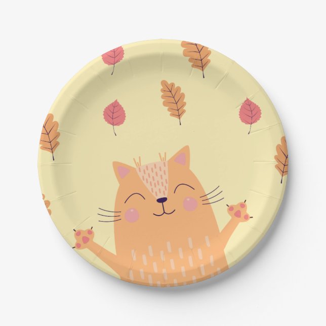 Prato De Papel Cute Ginger Orange Cat Playing in Autumn Leaves (Frente)