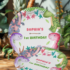 Prato De Papel Cute Girl Dinosaur 1st Birthday Party