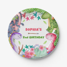 Prato De Papel Cute Girl Dinosaur 2nd Birthday Party