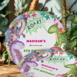 Prato De Papel Cute Girl Dinosaur 4th Birthday Party