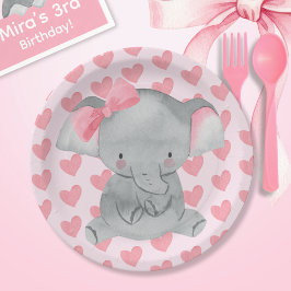 Prato De Papel Cute Girly Elephant Pink Bow Birthday Party 