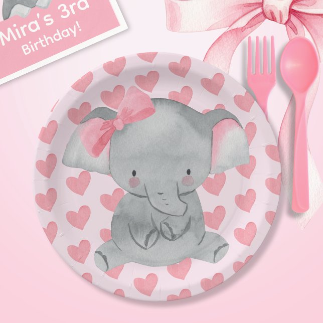 Prato De Papel Cute Girly Elephant Pink Bow Birthday Party  (Criador carregado)