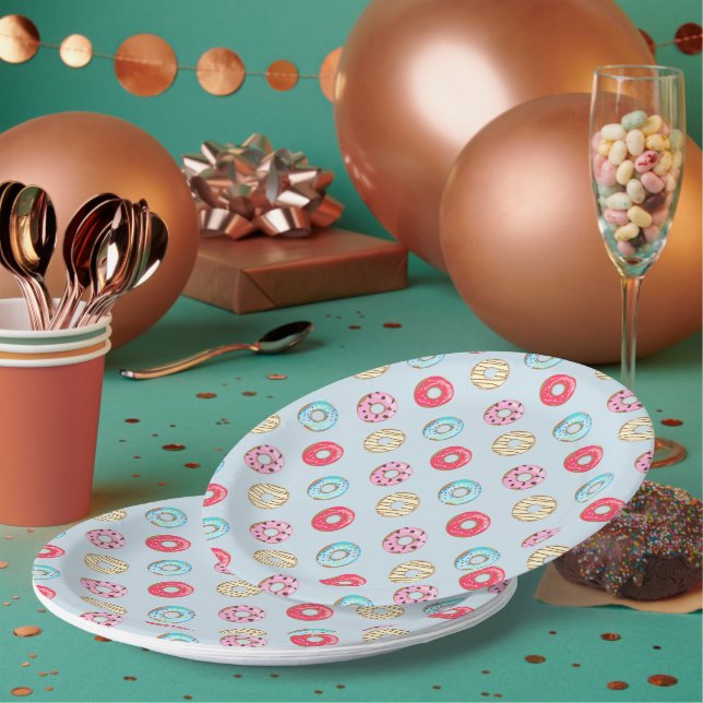 Prato De Papel Cute Glazed Doughnut Pattern Light Blue (Múltiplo)