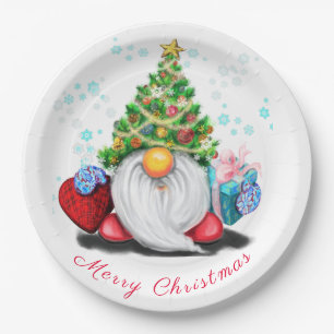 Prato De Papel Cute Gnome with Christmas Tree Hat and Gift 
