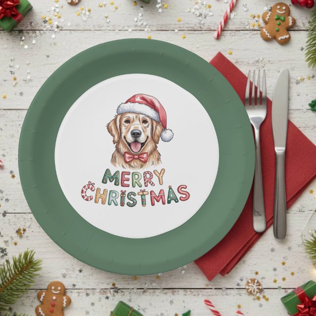 Prato De Papel Cute Golden Retriever Dog Christmas (Criador carregado)