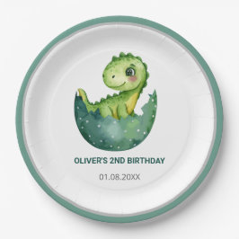 Prato De Papel Cute Green Dinosaur Watercolor Kids Birthday Party