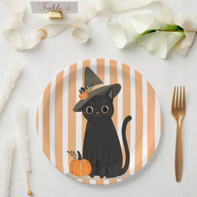 Prato De Papel Cute Halloween Black Cat with Witch Hat Pumpkin (Casamento)