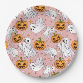 Prato De Papel Cute Halloween Pattern with Ghosts & Pumpkins