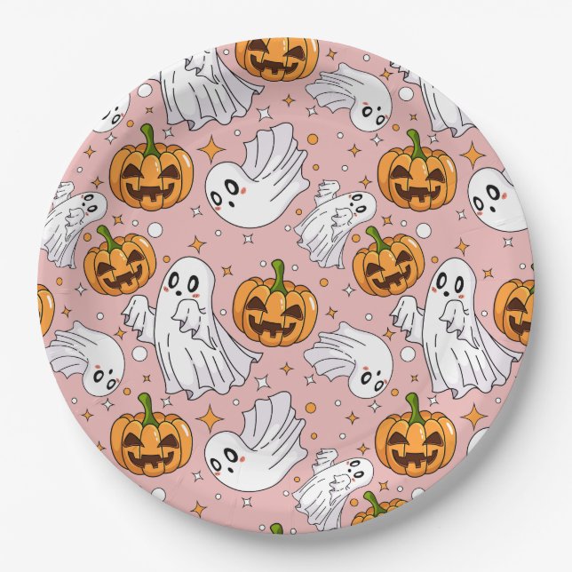 Prato De Papel Cute Halloween Pattern with Ghosts & Pumpkins (Frente)