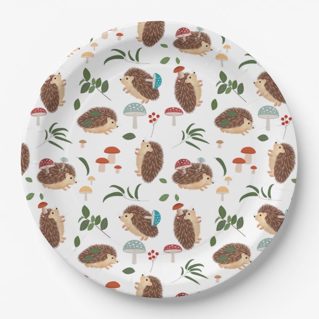 Prato De Papel Cute Hedgehog Mushrooms Woodland Forest Animal (Frente)