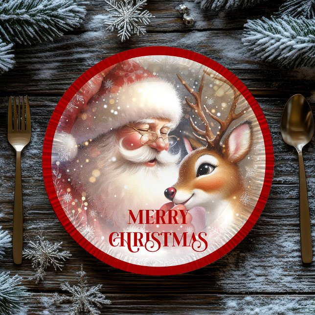 Prato De Papel Cute Holiday Plates with Cartoon Santa and Rudolph (Cute Holiday Plates with Cartoon Santa and Rudolph)
