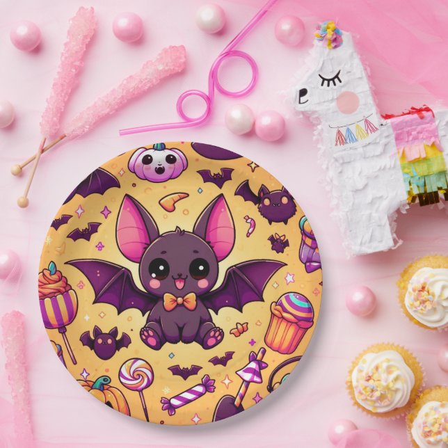Prato De Papel Cute kawaii bat candy halloween (Festa)