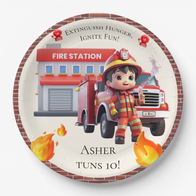 Prato De Papel Cute Kawaii Firefighter Boy and Fire Truck (Frente)