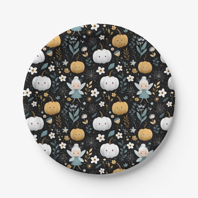 Prato De Papel Cute Kawaii Halloween Fairy and Pastel Pumpkins (Frente)