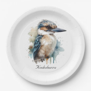 Prato De Papel Cute Kookaburra num galho pintado em aquarela