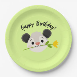 Prato De Papel Cute Opossum Head with Flower, “Happy Birthday!”
