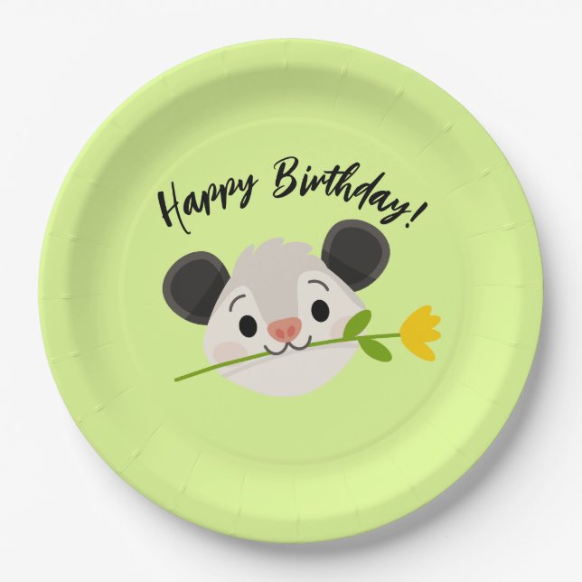 Prato De Papel Cute Opossum Head with Flower, “Happy Birthday!” (Frente)