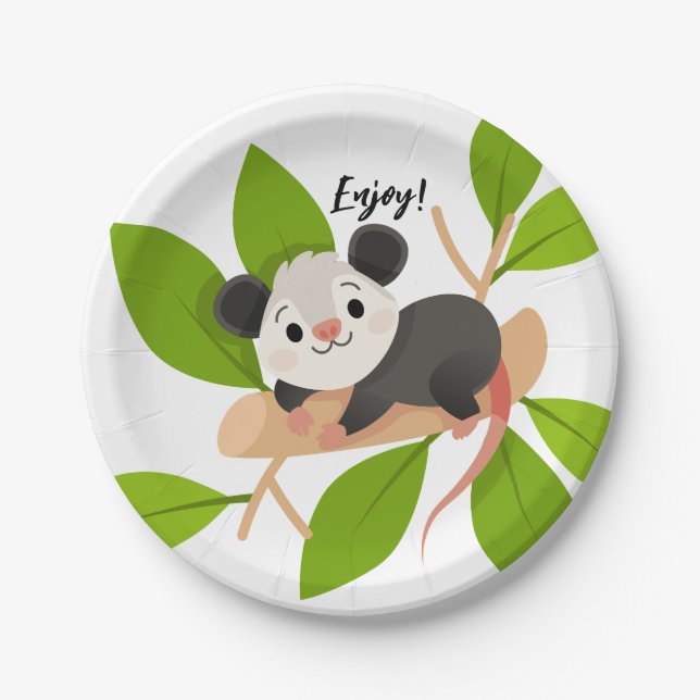 Prato De Papel Cute Opossum on Branch with Green Leaves (Frente)