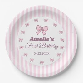 Prato De Papel Cute Pink Bow First Birthday 