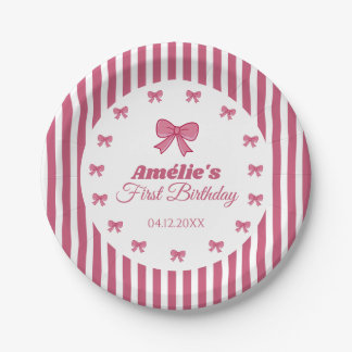 Prato De Papel Cute Pink Bow Girl First Birthday 
