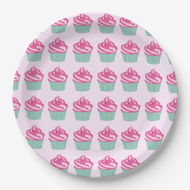 Prato De Papel Cute Pink Cupcakes Pattern Pastel Pink (Frente)