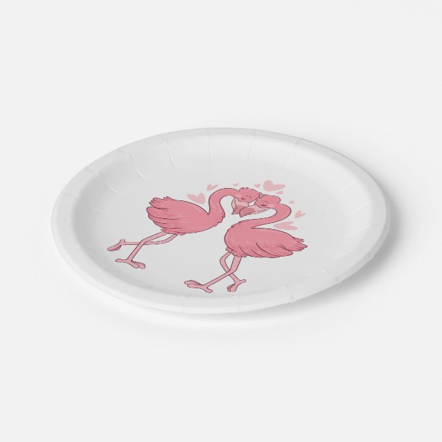Prato De Papel Cute Pink Flamingo Tropical Hawaiian Beach Wedding (Inclinado)