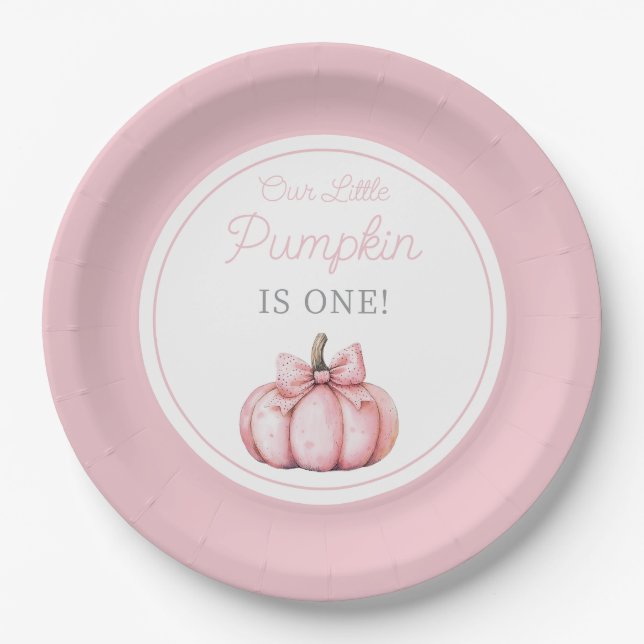 Prato De Papel Cute Pink Our Little Pumpkin Girl First Birthday (Frente)