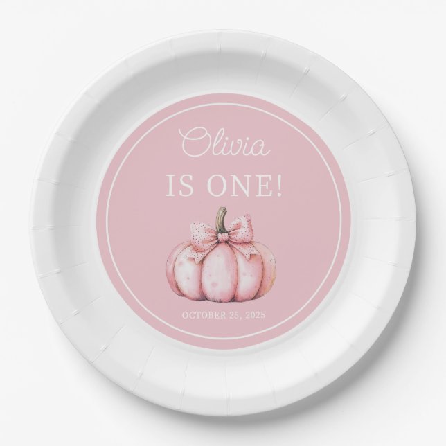 Prato De Papel Cute Pink Pumpkin Girl 1st Birthday (Frente)