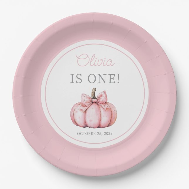 Prato De Papel Cute Pink Pumpkin Girl First Birthday (Frente)