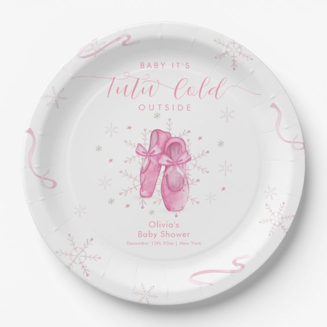 Prato De Papel Cute Pink Snowflake Ballerina Girl Baby Shower  (Frente)