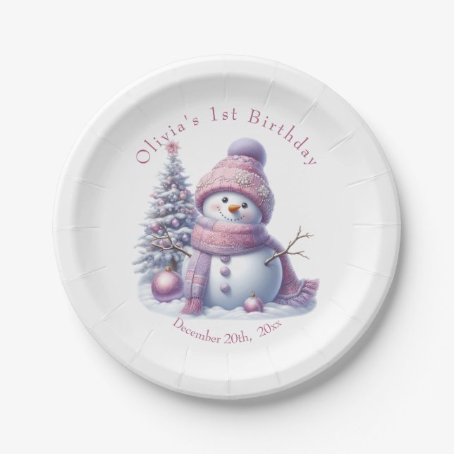 Prato De Papel Cute Pink Snowman Winter Birthday (Frente)