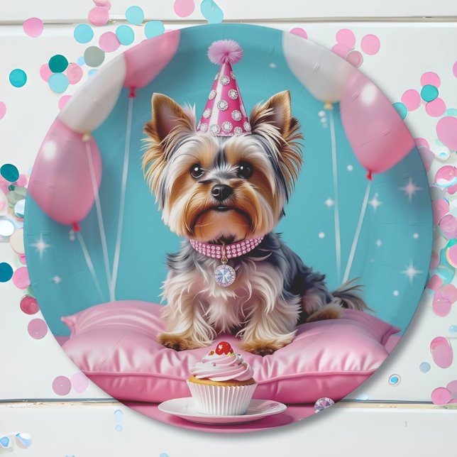 Prato De Papel Cute Pink Yorkie Birthday (Criador carregado)