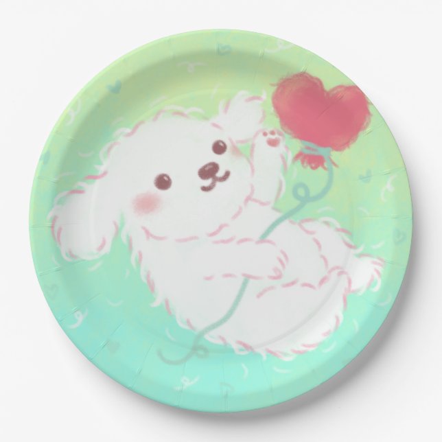 Prato De Papel Cute Puppy with Heart Balloon (Frente)