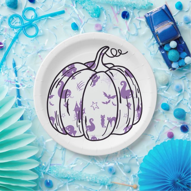 Prato De Papel Cute Purple Halloween Icons in Pumpkin (Festa)