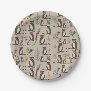 Prato De Papel Cute Raccoon em Pine Forest Pattern