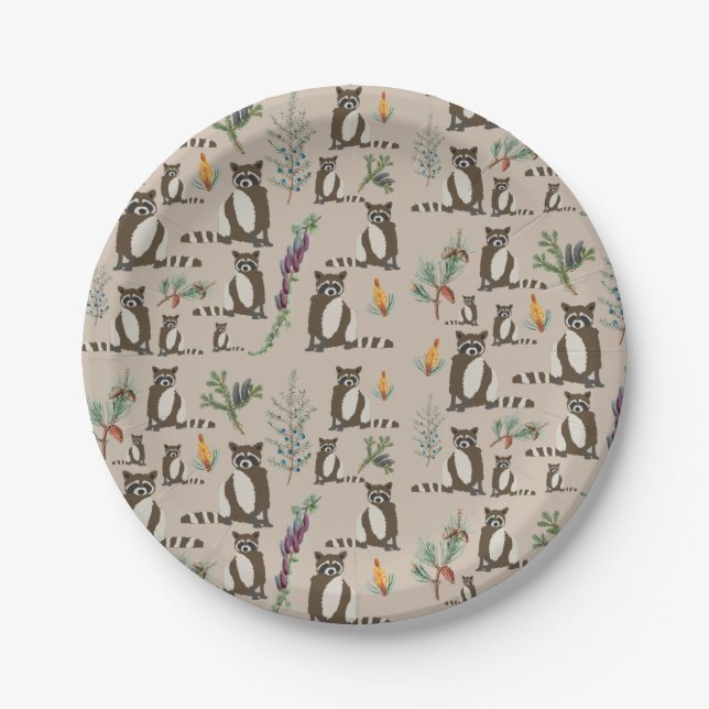 Prato De Papel Cute Raccoon em Pine Forest Pattern (Frente)