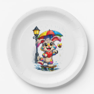 Prato De Papel Cute Rainbow Bunny with Umbrella Design