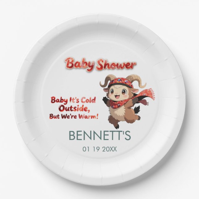 Prato De Papel Cute Ram Winter Baby Shower Paper Plate (Frente)