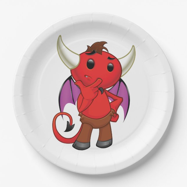 Prato De Papel Cute Red Devil Character Thinking Mischievous (Frente)