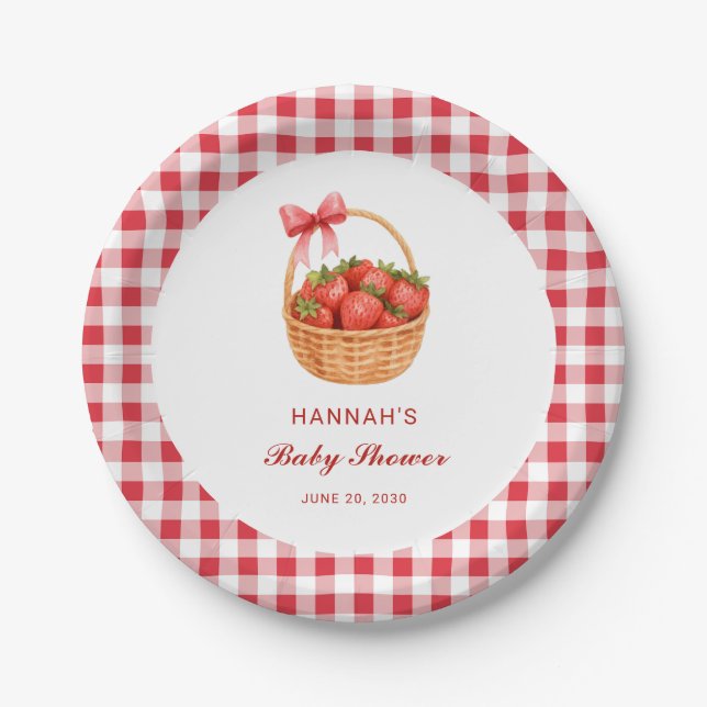 Prato De Papel Cute Red Gingham Strawberry Girl Baby Shower (Frente)