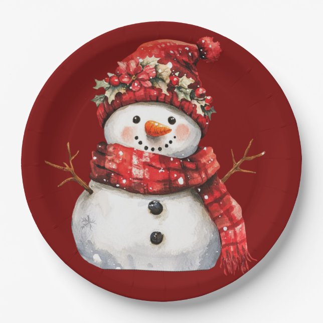 Prato De Papel Cute Red Snowman Christmas  (Frente)