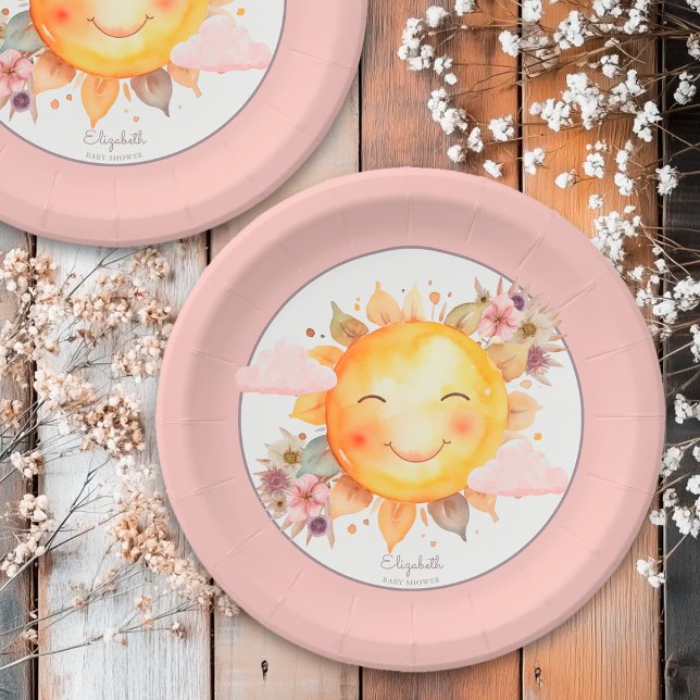 Prato De Papel Cute Retro Pink Boho Flowers Sunshine Baby Shower (Criador carregado)
