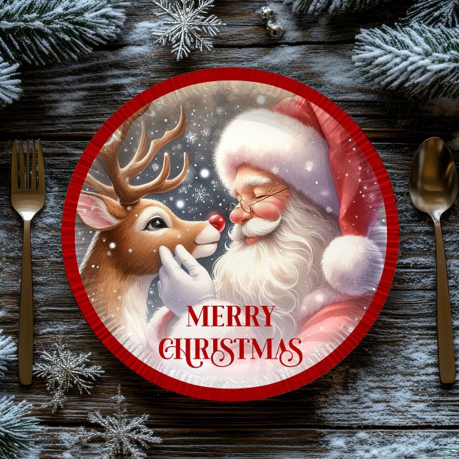 Prato De Papel Cute Santa and Rudolph Cartoon Christmas Paper  (Cute Santa and Rudolph Cartoon Christmas Paper Plates)