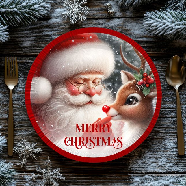 Prato De Papel Cute Santa and Rudolph Kids Christmas Dinner Plate (Cute Santa and Rudolph Kids Christmas Dinner Plates)