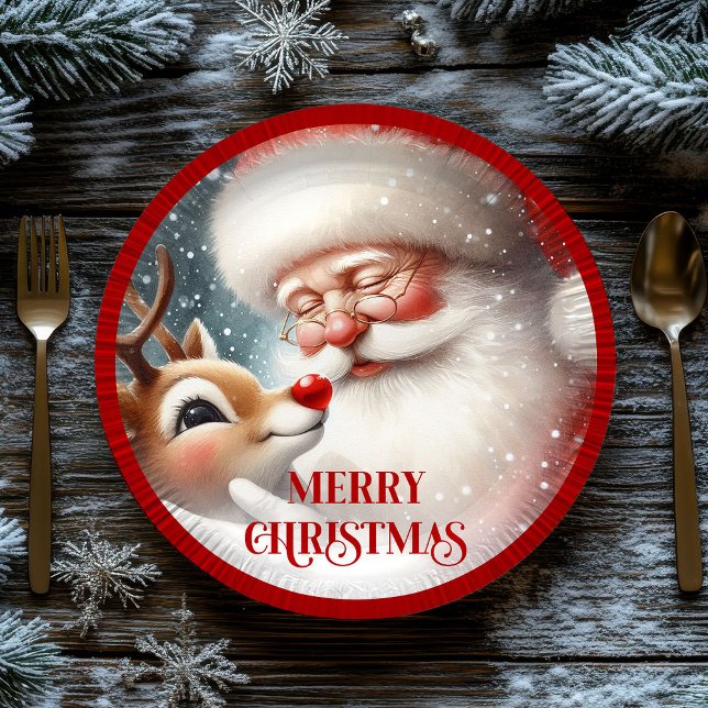 Prato De Papel Cute Santa Rudolph Christmas Party Paper Plates (Cute Santa Rudolph Christmas Party Paper Plates)