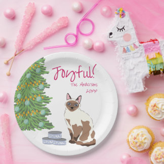 Prato De Papel Cute Siamese Cat with Tuna Joyful Christmas