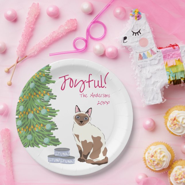 Prato De Papel Cute Siamese Cat with Tuna Joyful Christmas  (Festa)