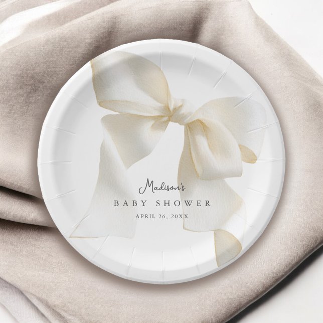 Prato De Papel Cute Simple Ivory Bow Baby Shower (Criador carregado)